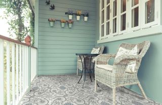 balcony ideas: covered balcony space with patterned floor tiles