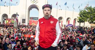 Arsenal fan Brendan Hunt AKA Coach Beard attends The Premier League Fan Fest at Los Angeles Memorial Coliseum on October 24, 2021 in Los Angeles, California.