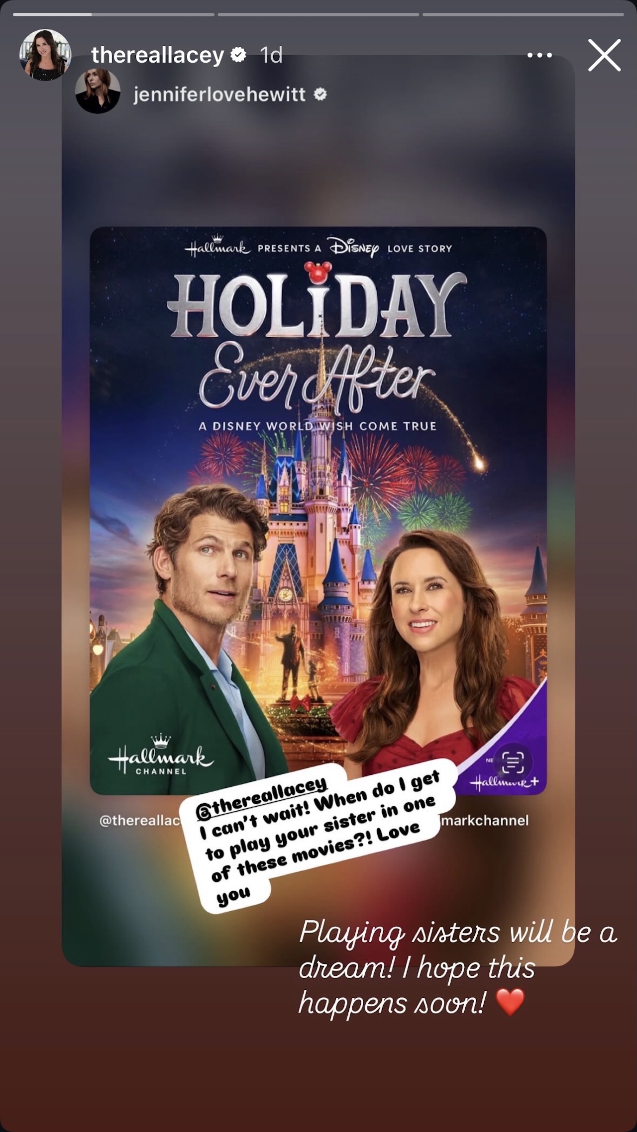 Lacey Chabert reposting Jennifer Love Hewitt's Instagram Story.