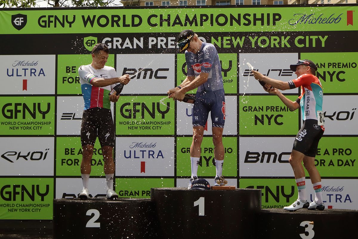 UCI 2.1 men's podium at Gran Premio NYC 2024 (L to R): Wilmar Paredes (Team Medell&iacute;n) in second, winner Tibor del Grosso (Alpecin-Deceuninck Development), Johannes Adamietz (Lotto Dstny Development) third