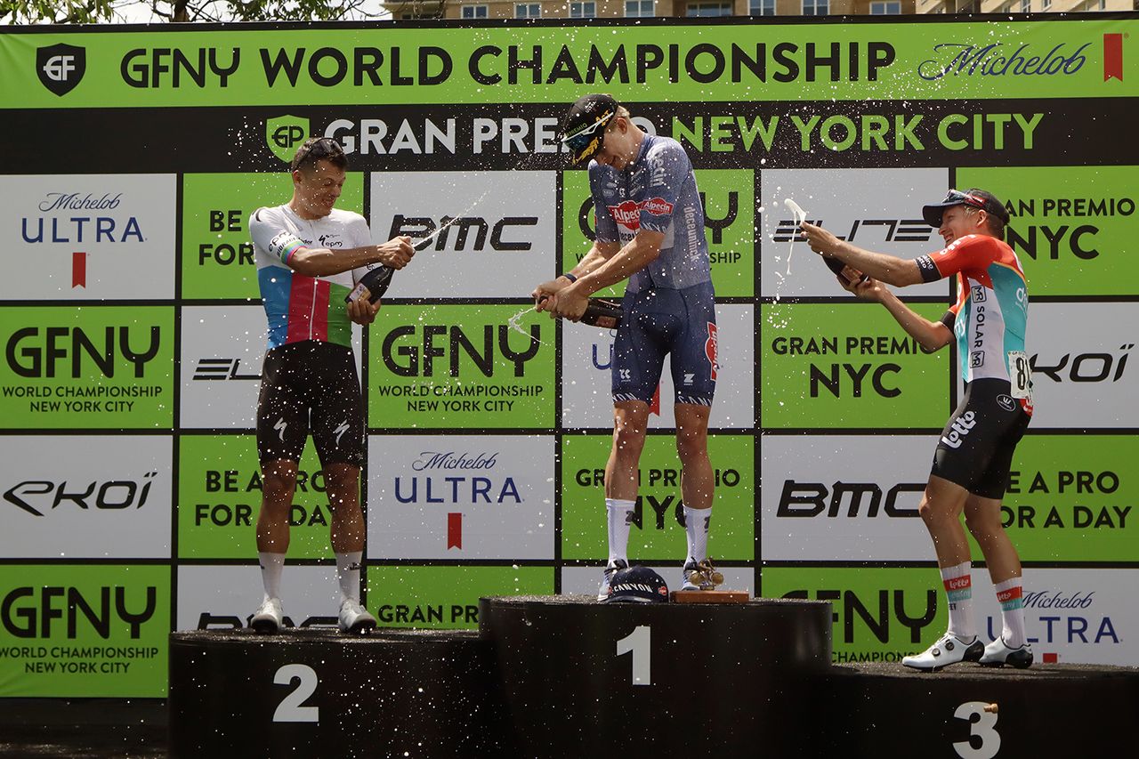 UCI 2.1 men's podium at Gran Premio NYC 2024 (L to R): Wilmar Paredes (Team Medell&iacute;n) in second, winner Tibor del Grosso (Alpecin-Deceuninck Development), Johannes Adamietz (Lotto Dstny Development) third