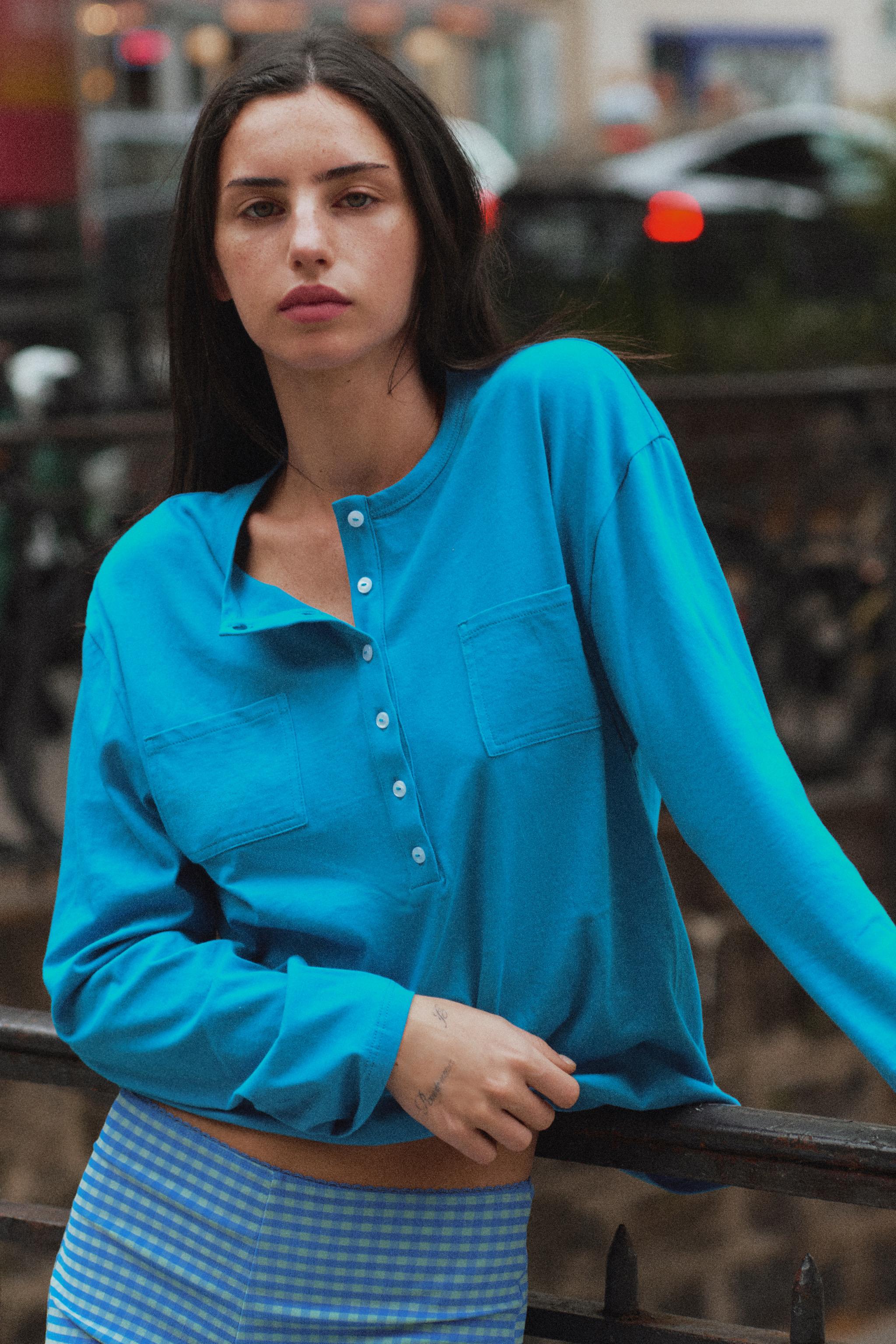 Henley T-Shirt With Pockets - Mid-Turquoise - S