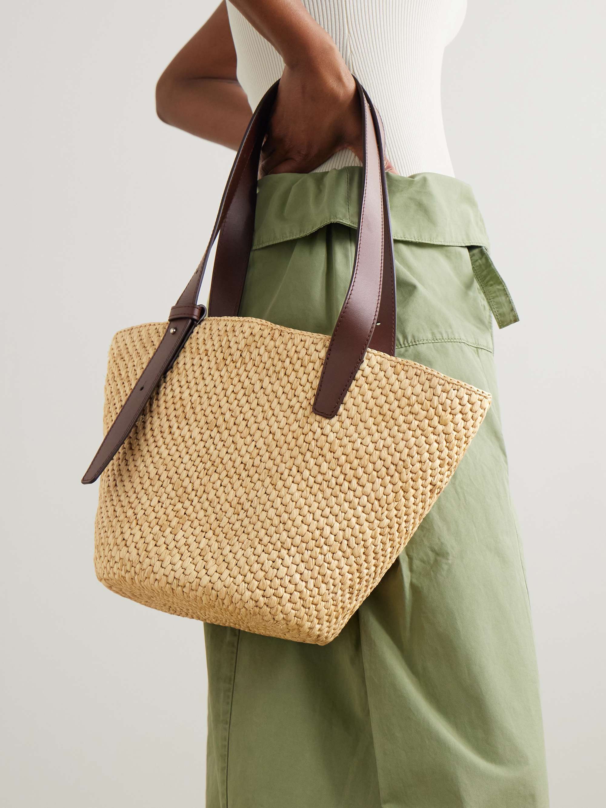 The Bianca Small Leather-Trimmed Raffia Tote