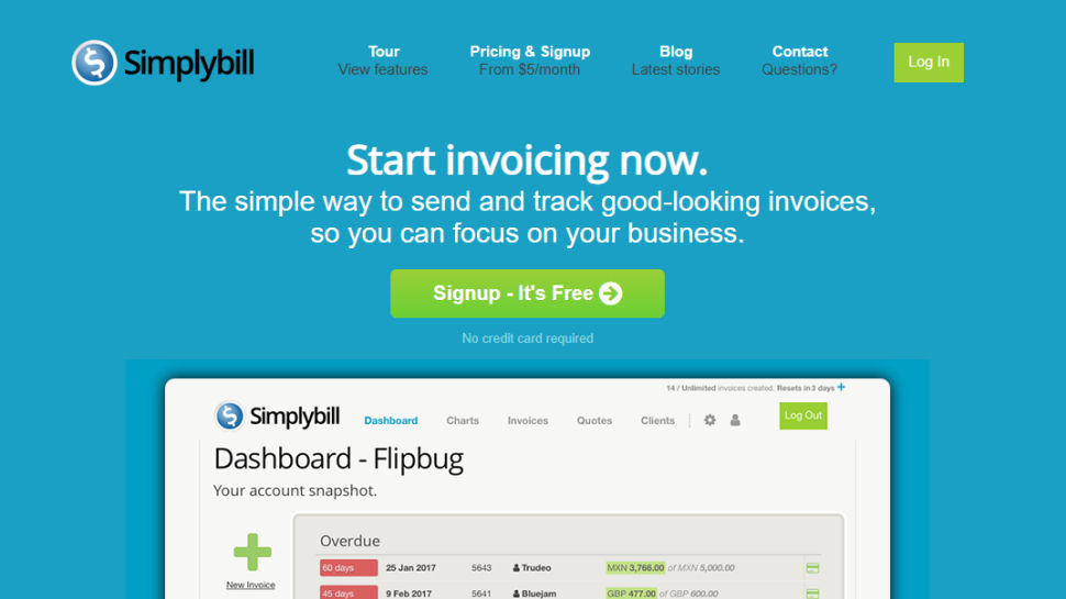 Simplybill website screenshot (May 2025)