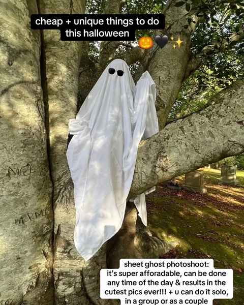 A person wearing a ghost sheet while sat in a team with the text 'cheap + unique things to do this halloween'
