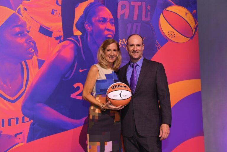 WNBA Commissioner Cathy Engelbert and Adam Symson, President and CEO of The E.W. Scripps Company, at the 2023 WNBA Draft presented by State Farm in New York City on April 10.