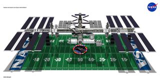The International Space Station's length and width is about the size of a football field.