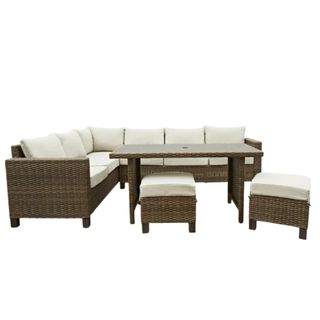 An L-shaped brown and white outdoor furniture set