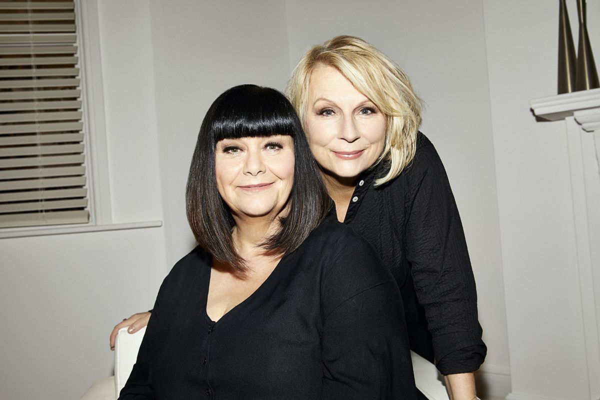 French &amp; Saunders: Funny Women - Dawn French and Jennifer Saunders pose side-by-side and smiling in the &#039;White Room&#039; set used on French &amp; Saunders