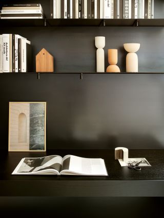 Close up of black bookshelves