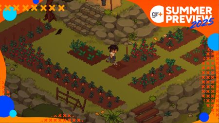 The Grave Seasons protagonist waters seeds in a plot of soil and an orange border says Summer Preview 2025