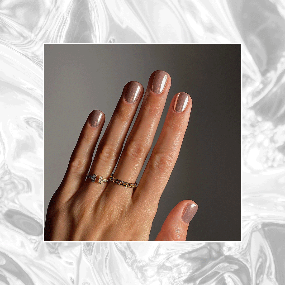 gif of three flashing chrome manicure looks 