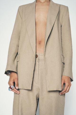 Linen Blend Roll-Up Sleeve Open Blazer