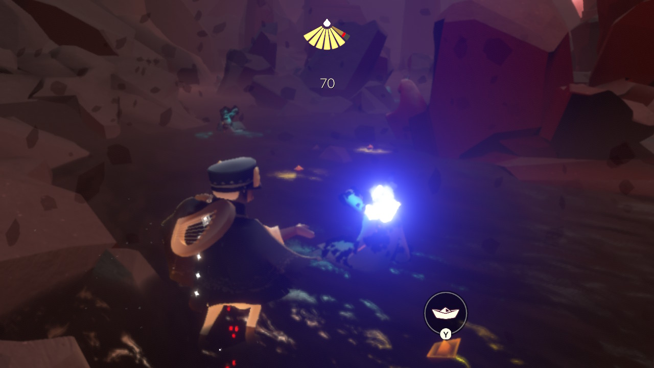 Sky: CHildren of the Light - in a dark stormy area a player offers their winged light to a character trapped in stone.