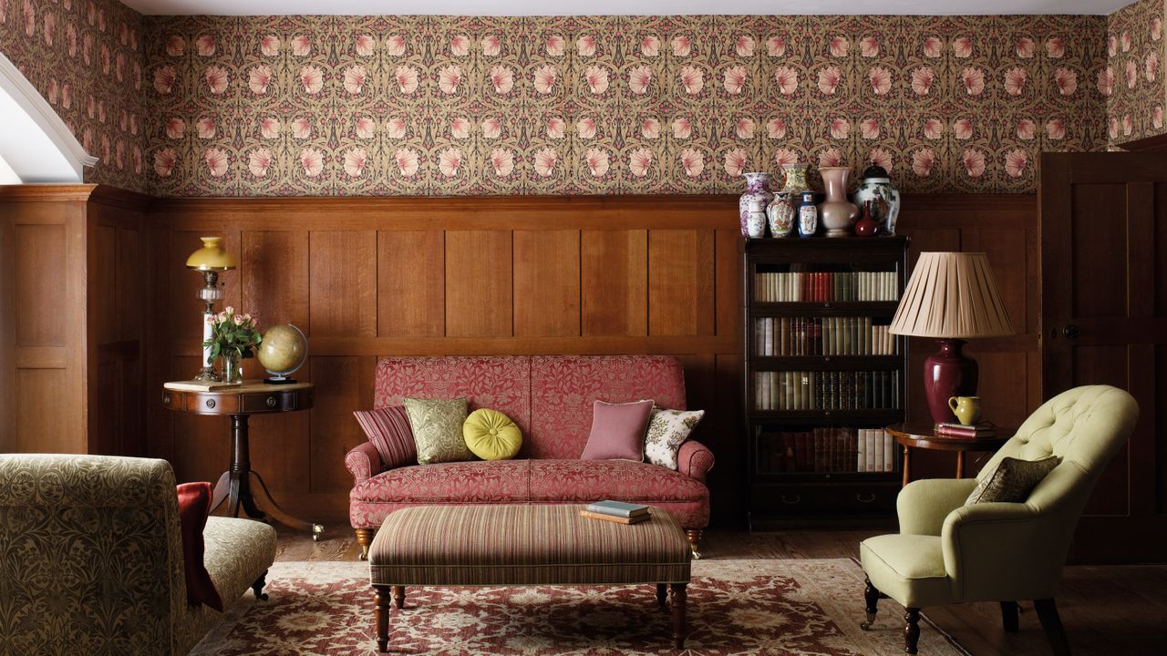 Studio McGee wallpaper exact match in a living room, traditional decor with William Morris wallpaper