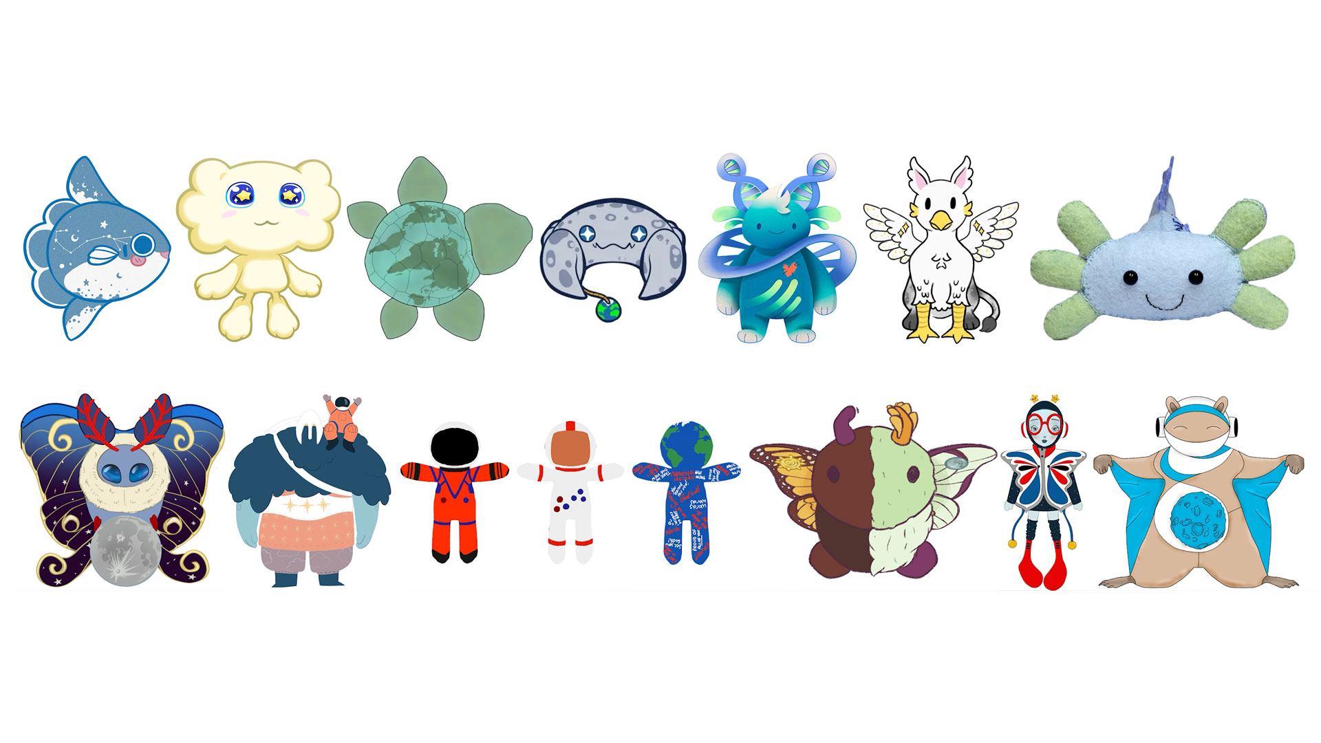 Adult drawings and renderings of plush toys in the form of animals, insects and original fictional characters