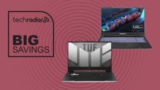 Asus TUF and Gigabyte G5 gaming laptops on red background with big savings text overlay