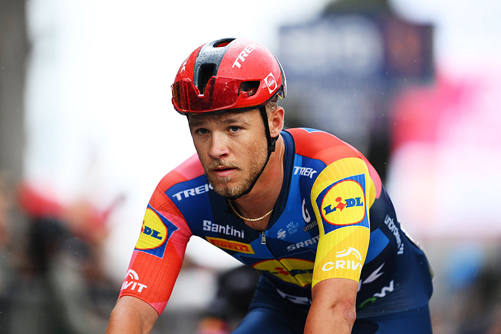 An unhappy Jonathan Milan after the Giro stage to Milan