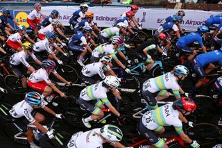 LOCH LOMOND SCOTLAND AUGUST 13 LR Liane Lippert of Germany Grace Brown of Australi Sarah Roy of Australia and a general view of the peloton prior to the Women Elite Women U23 Road Race a 1541km race from Loch Lomond to Glasgow at the 96th UCI Cycling World Championships Glasgow 2023 Day 11 UCIWWT on August 13 2023 in Loch Lomond Scotland Photo by Dean MouhtaropoulosGetty Images