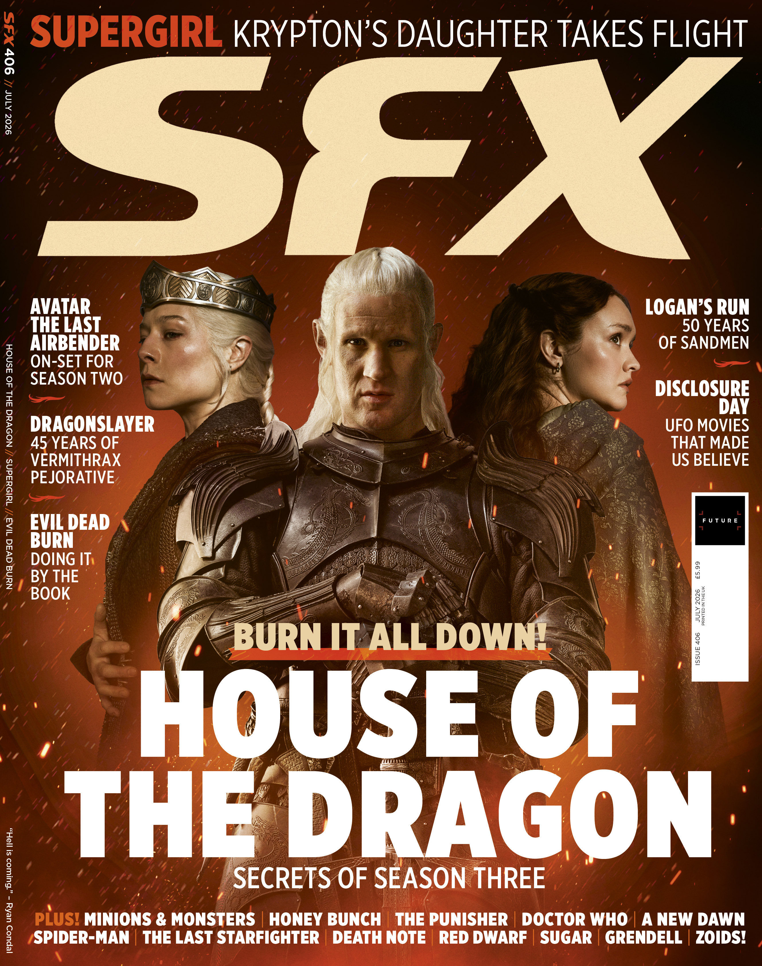 Rhaenyra Targaryen, Daemon Targaryen and Alicent Hightower on the cover of SFX issue 406.