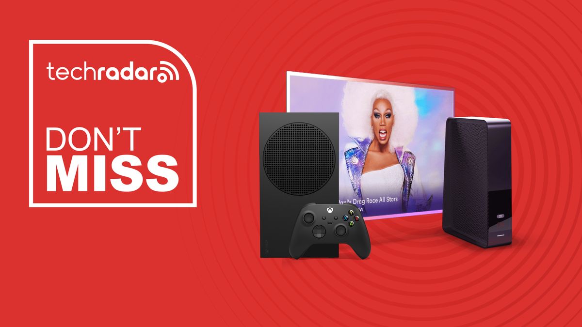 Virgin broadband router and Xbox series S on red background with Don&#039;t Miss text