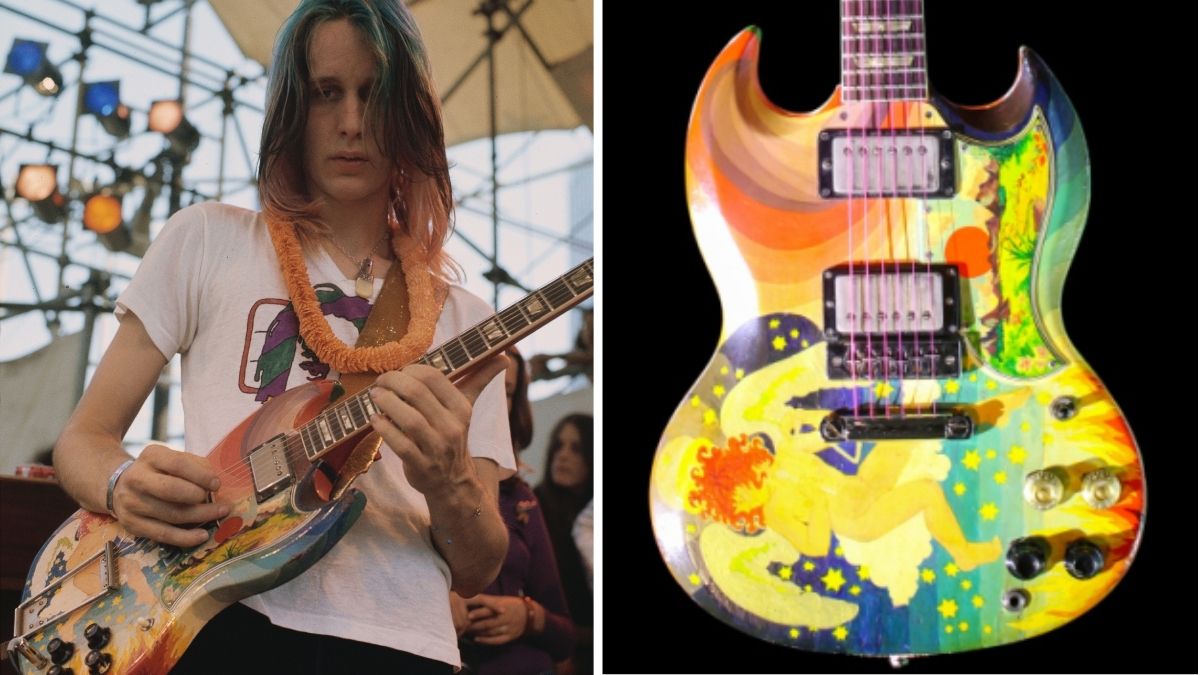 Left-Todd Rundgren playing his psychedelic guitar, a Gibson SG originally painted for Eric Clapton by the Dutch design collective The Fool; Right-Eric Clapton's psych-painted Gibson SG, painted by Dutch design collective The Fool