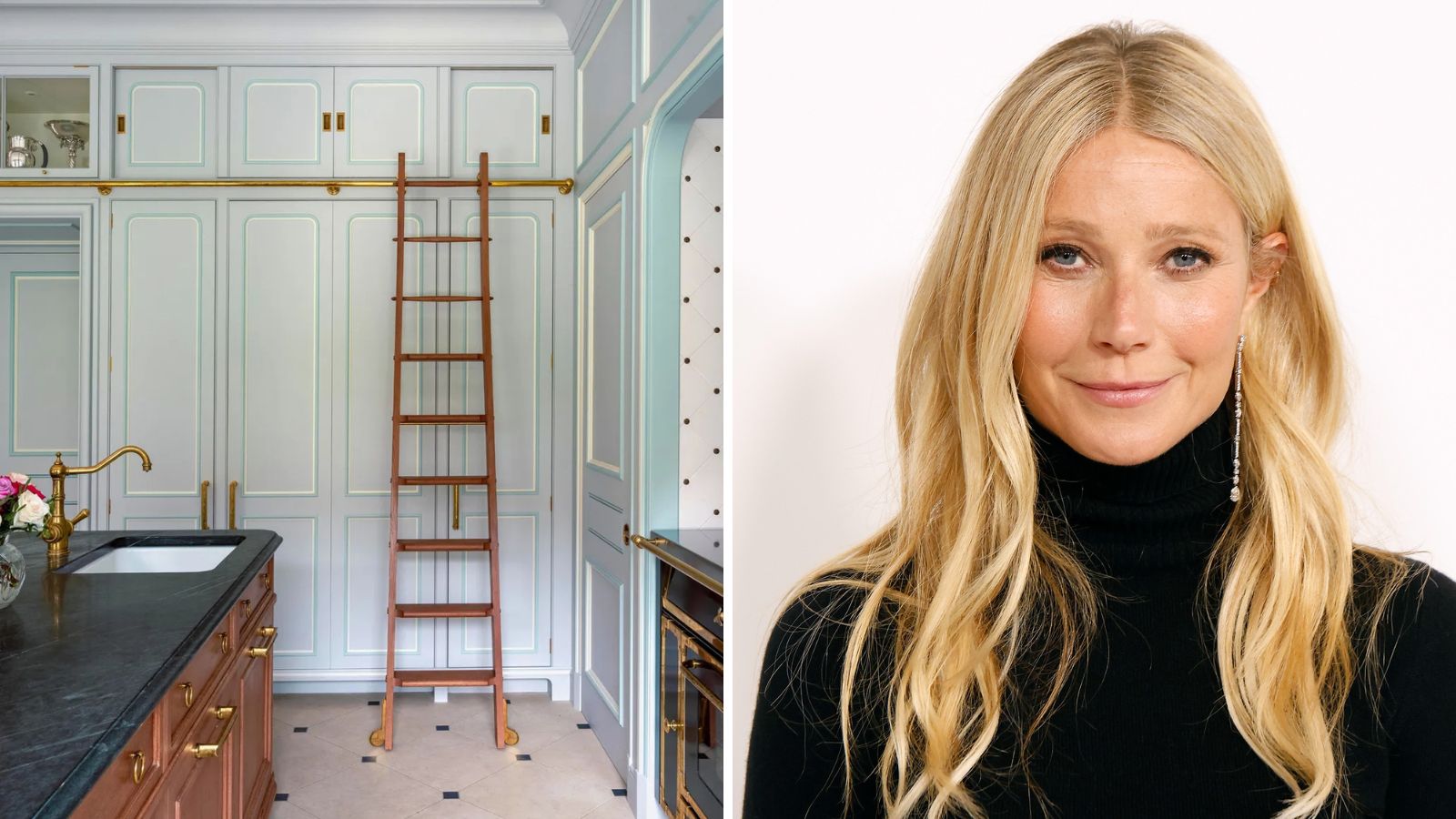 a split screen image with a ladder on the left and gwyneth paltrow on the right on a white background