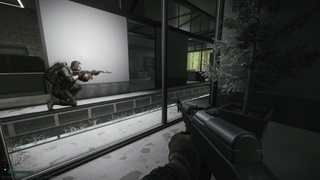 A screenshot of Escape From Tarkov featuring a player aiming at the environment