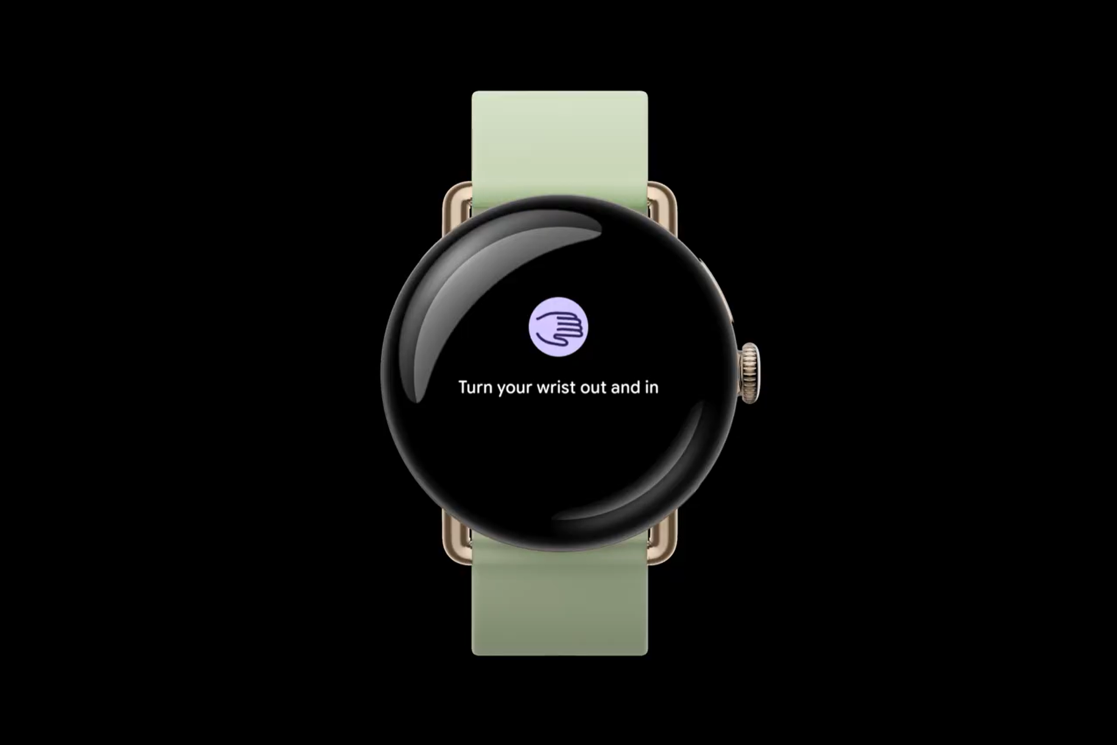 A screenshot of the Pixel Watch 4 showing a guide for using the the Wrist Turn one-handed gesture.
