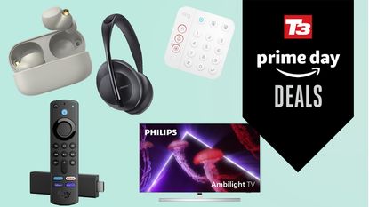 Sony in-ear earbuds, a Fire TV Stick, Bose 700 headphones and a Philips Ambilight TV with the words Prime Day deals