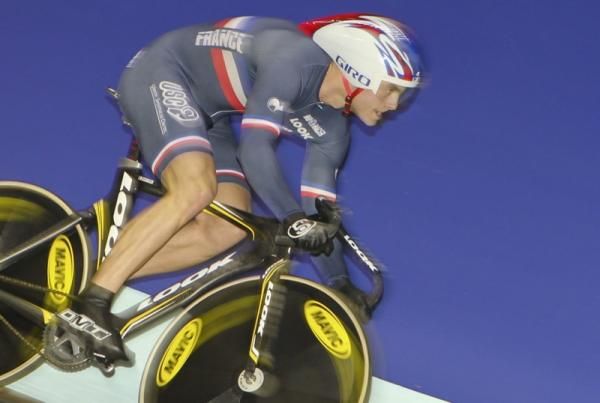 Michael D'Almeida (France) rides the gold medal winning anchor leg of the men's team sprint