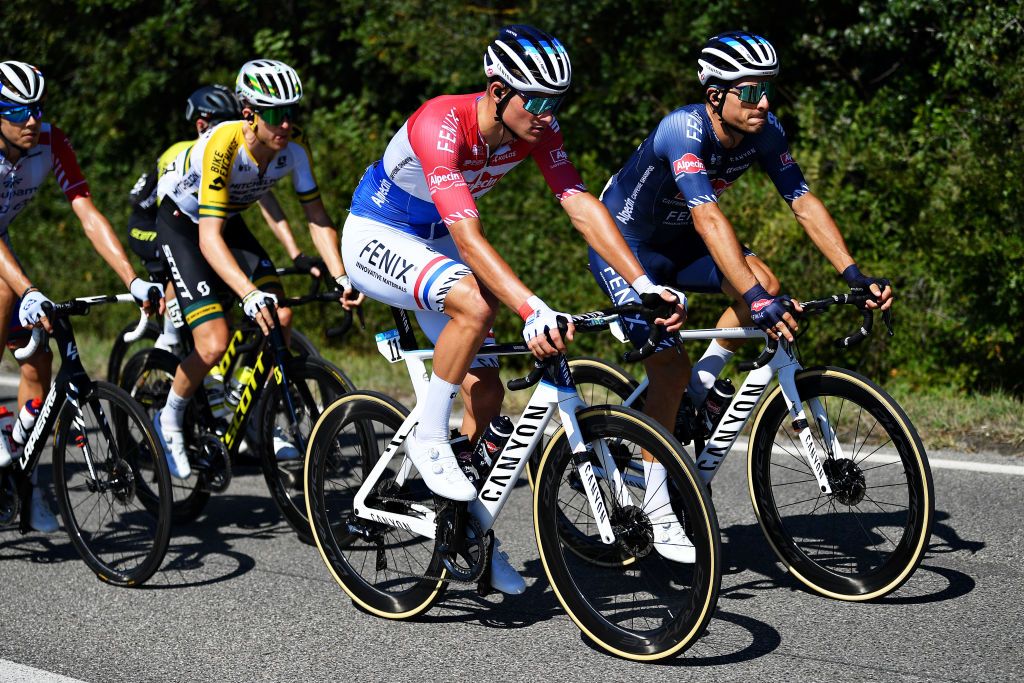 FOLLONICA ITALY SEPTEMBER 08 Mathieu Van Der Poel of The Netherlands and Team AlpecinFenix Cameron Meyer of Australia and Team MitcheltonScott during the 55th TirrenoAdriatico 2020 Stage 2 a 201km stage from Camaiore to Follonica TirrenAdriatico on September 08 2020 in Follonica Italy Photo by Justin SetterfieldGetty Images