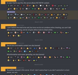 A screenshot of a Discord chat channel in which a moderator has posted new rules on subsequent days in increasingly exasperated tone.