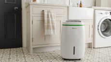 Meaco dehumidifier in white kitchen with patterned floor to show the best place to put a dehumidifier
