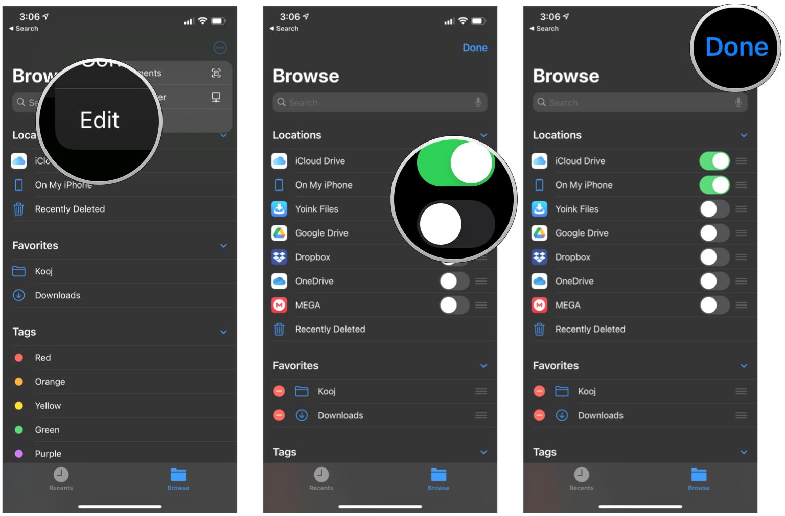 How to add a third-party syncing service to the Files app on iPhone by showing: Tap Edit, tap the toggles for the service locations you want to use, tap Done