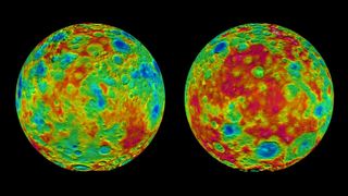 These images are color-coded maps of the dwarf planet Ceres drawn from NASA's Dawn mission. The planet's surface has dramatic variation, with as great as 9 mile (15 kilometer) variation between tall peaks and crater bottoms.