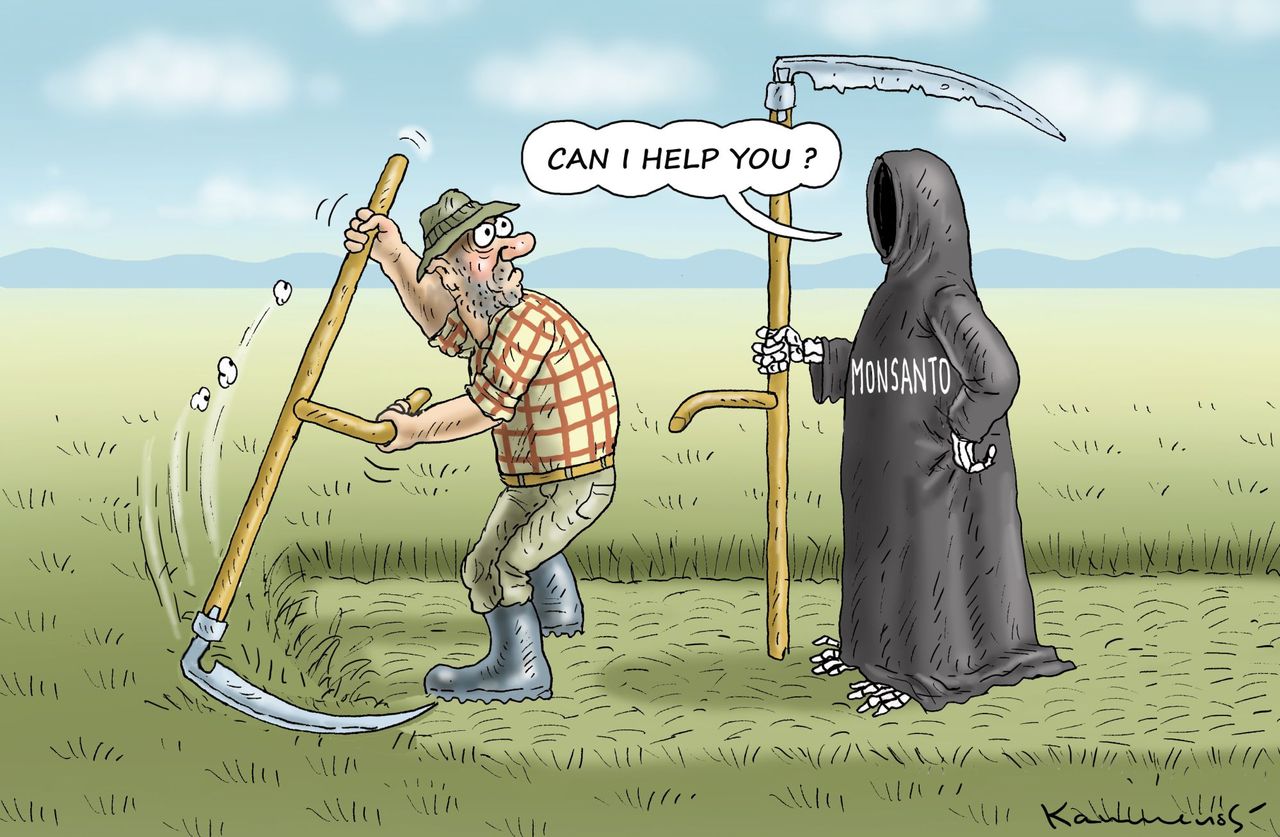 Editorial cartoon World farmer monsanto grim reaper food