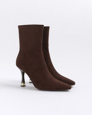 River Island, Brown Suedette Heeled Sock Boots