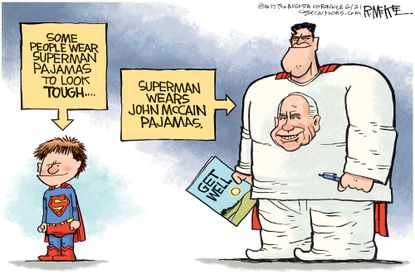 Political cartoon U.S. Superman McCain cancer pajamas