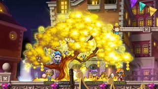 MapleStory screenshot - players standing around a golden tree on a fantasy harbourfront