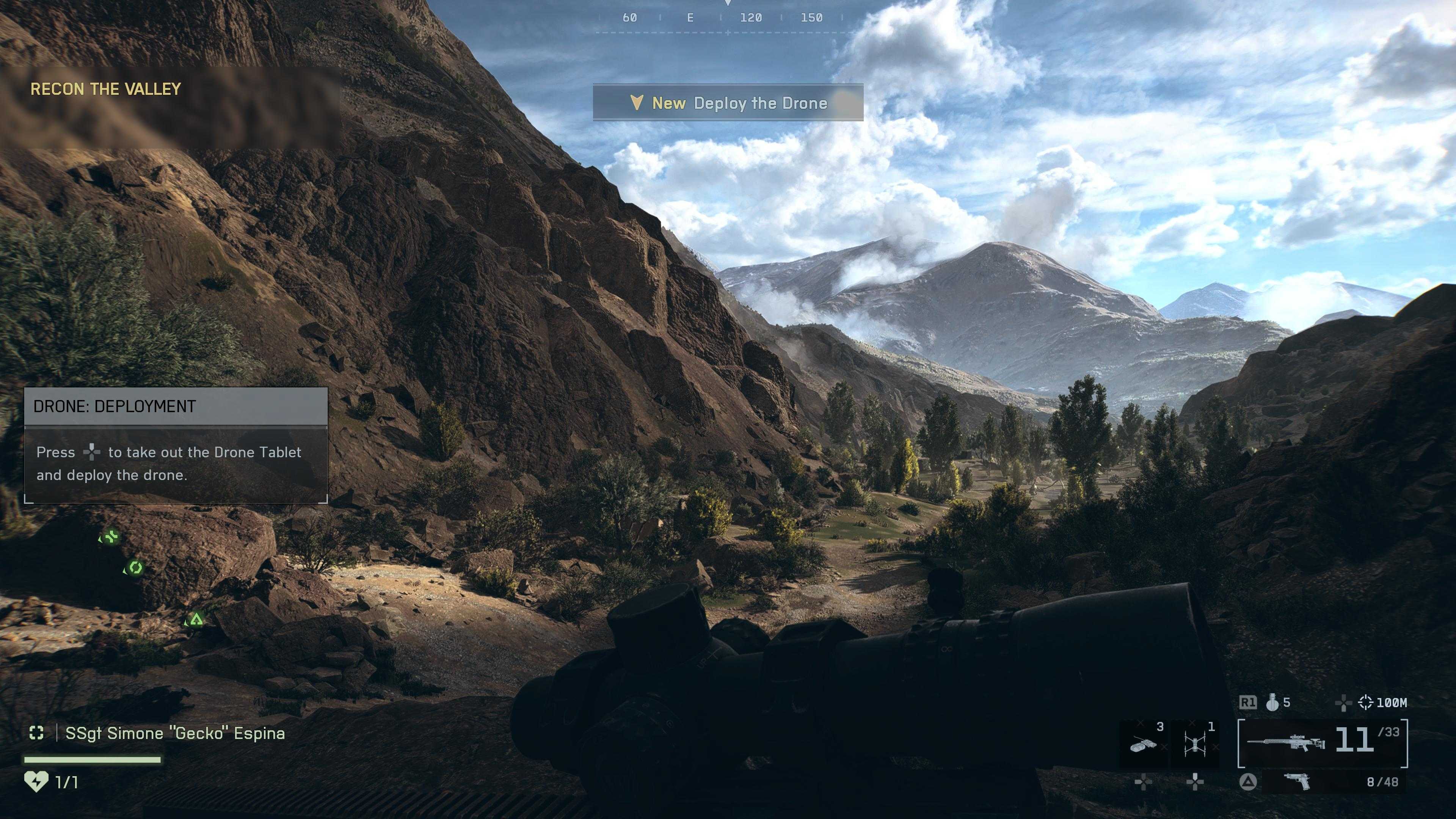 A beautiful valley in the Battlefield 6 single player campaign, with a prompt telling players to activate a drone