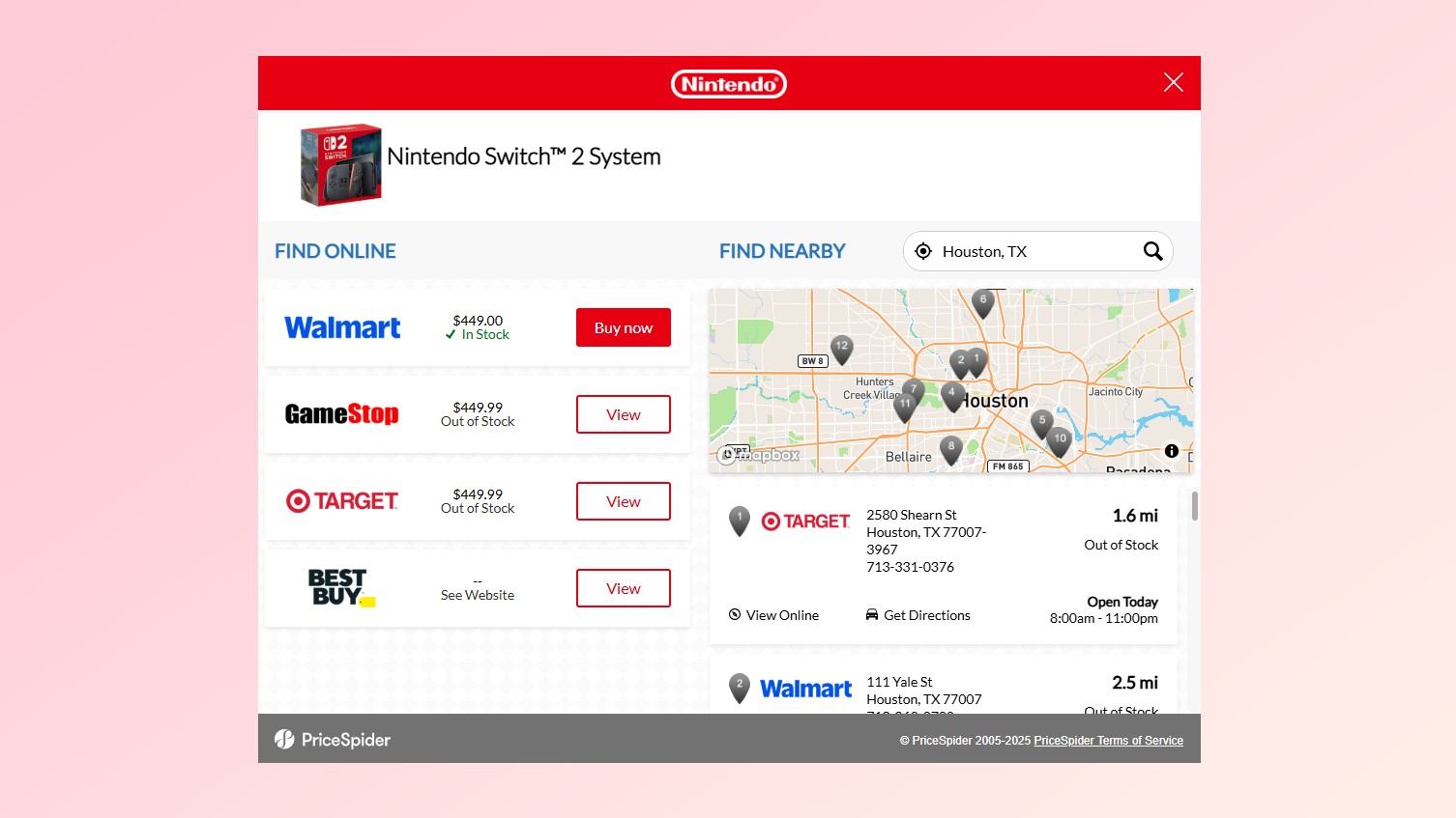 A screenshot showing Nintendo's Switch 2 stock checker