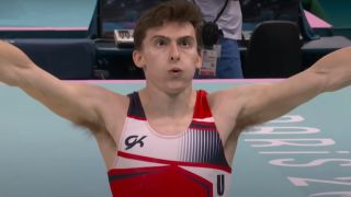 Stephen Nedoroscik finishes his pommel horse routine at the 2024 Paris Olympics.