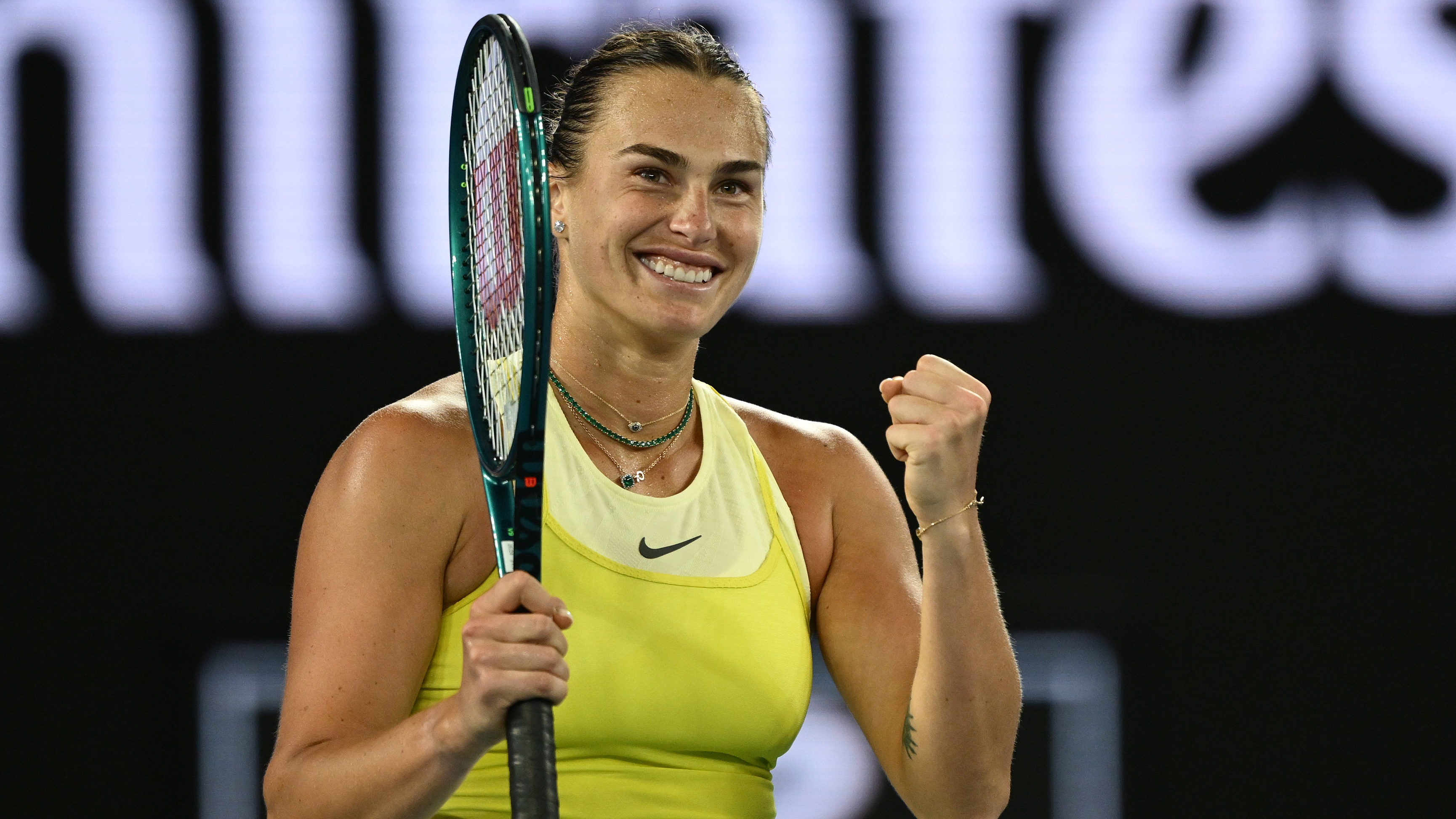 Aryna Sabalenka celebrates winning match point against Anastasia Pavlyuchenkova in the Women's Singles Quarterfinal during day 10 of the 2025 Australian Open at Melbourne Park on January 21, 2025 in Melbourne, Australia. 