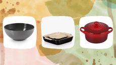 Three items in the Le Creuset Sale on a woman&home background: their cereal bowl, lasagne dish, and cast iron casserole