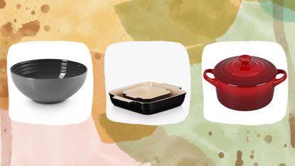 Three items in the Le Creuset Sale on a woman&amp;home background: their cereal bowl, lasagne dish, and cast iron casserole