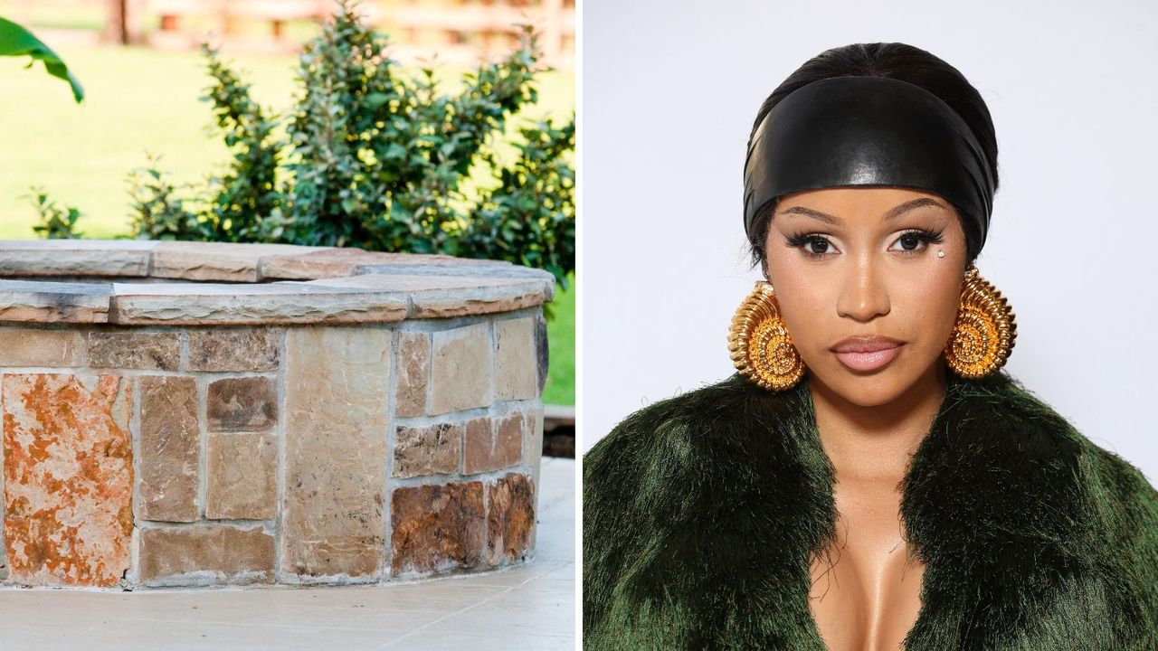 a splitscreen image with a stone outdoor fireplace on the left and cardi b on a white background on the right