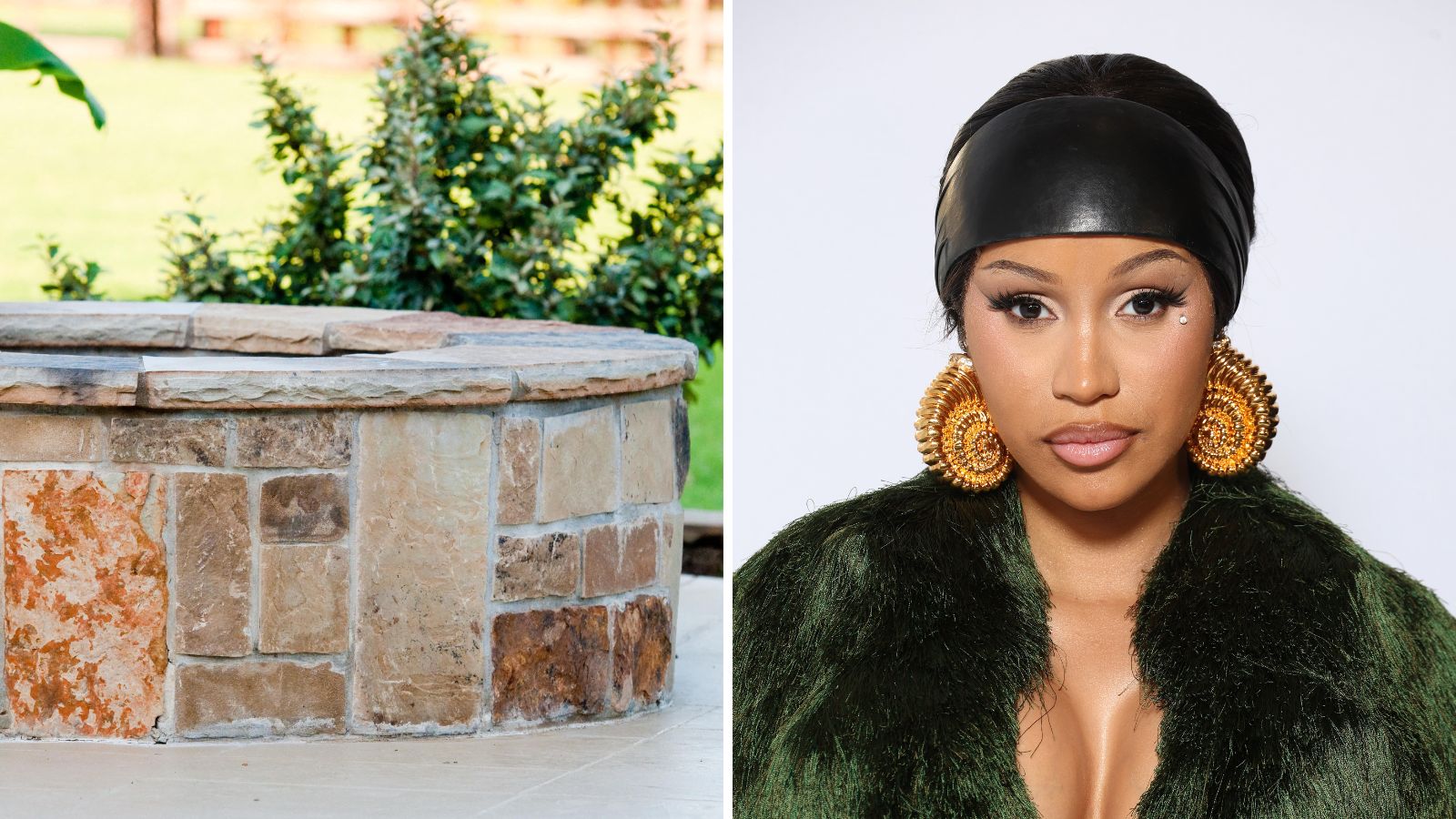 a splitscreen image with a stone outdoor fireplace on the left and cardi b on a white background on the right