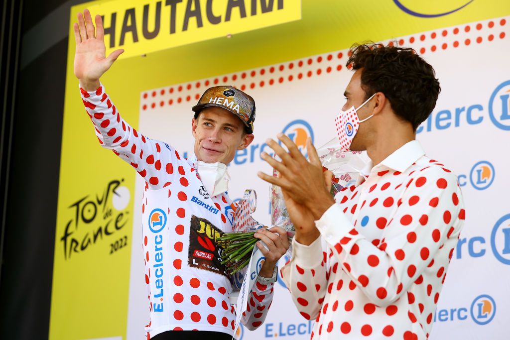 HAUTACAM FRANCE JULY 212of Denmark and Team Jumbo Visma celebrates at podium Polka Dot Mountain Jersey winner during the 109th Tour de France 2022 Stage 18 a 1432km stage from Lourdes to Hautacam 1520m TDF2022 WorldTour on July 21 2022 in Hautacam France Photo by Michael SteeleGetty Images