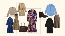 Multiple cut-out autumn fashion items styled together to showcase an autumn capsule wardrobe
